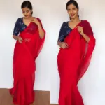 Scarlet Red Chiffon Saree with Badla work - Image 4