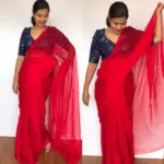 Scarlet Red Chiffon Saree with Badla work - Image 5