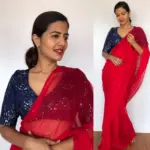 Scarlet Red Chiffon Saree with Badla work - Image 3
