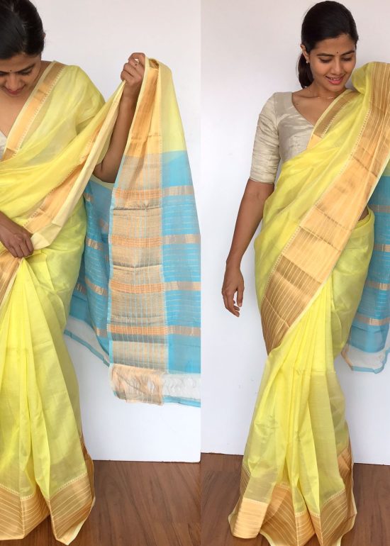 Pastel Yellow Mangalagiri Silk Saree with Gold Zari Kanchi Silk Border