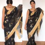 Black Chanderi Silk Saree with Beautiful Woven Gold and Silver Zari Deer Motifs - Image 3