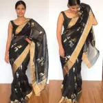 Black Chanderi Silk Saree with Beautiful Woven Gold and Silver Zari Deer Motifs - Image 4