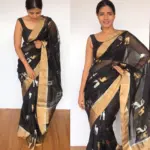 Black Chanderi Silk Saree with Beautiful Woven Gold and Silver Zari Deer Motifs - Image 5