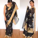 Black Chanderi Silk Saree with Beautiful Woven Gold and Silver Zari Deer Motifs - Image 6