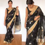 Black Chanderi Silk Saree with Beautiful Woven Gold and Silver Zari Deer Motifs