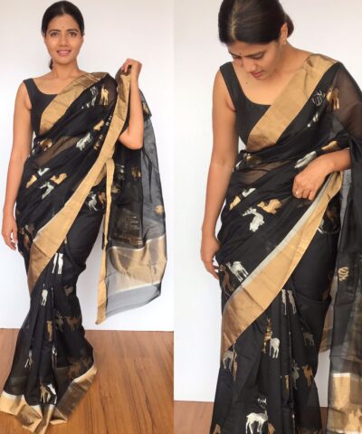 Black Chanderi Silk Saree with Beautiful Woven Gold and Silver Zari Deer Motifs