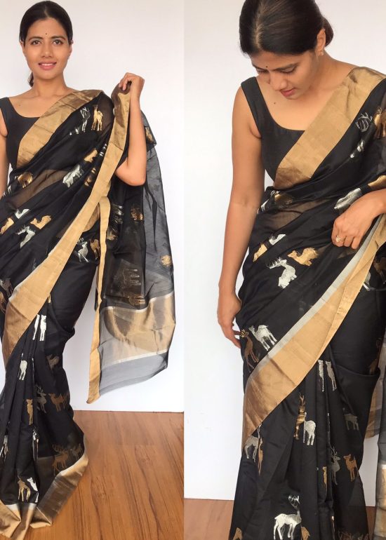 Black Chanderi Silk Saree with Beautiful Woven Gold and Silver Zari Deer Motifs