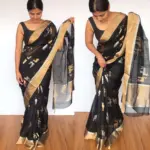 Black Chanderi Silk Saree with Beautiful Woven Gold and Silver Zari Deer Motifs - Image 2