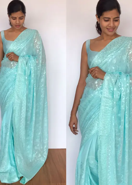 Blue Georgette Saree with Embroidery Sequins