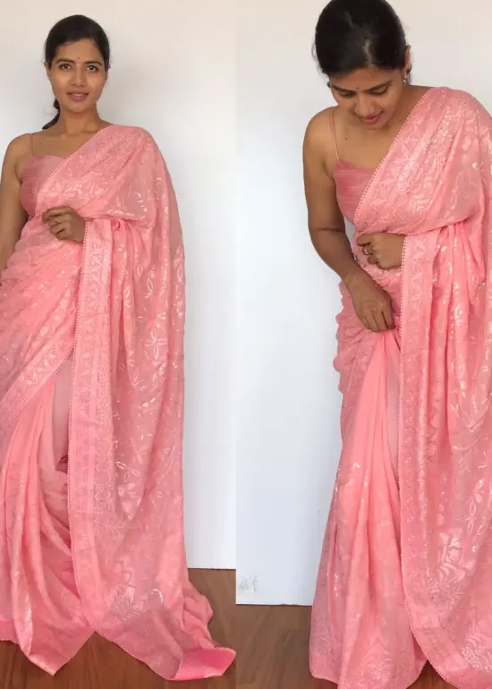 Peach Georgette Sequin Saree with Embroiderey Work