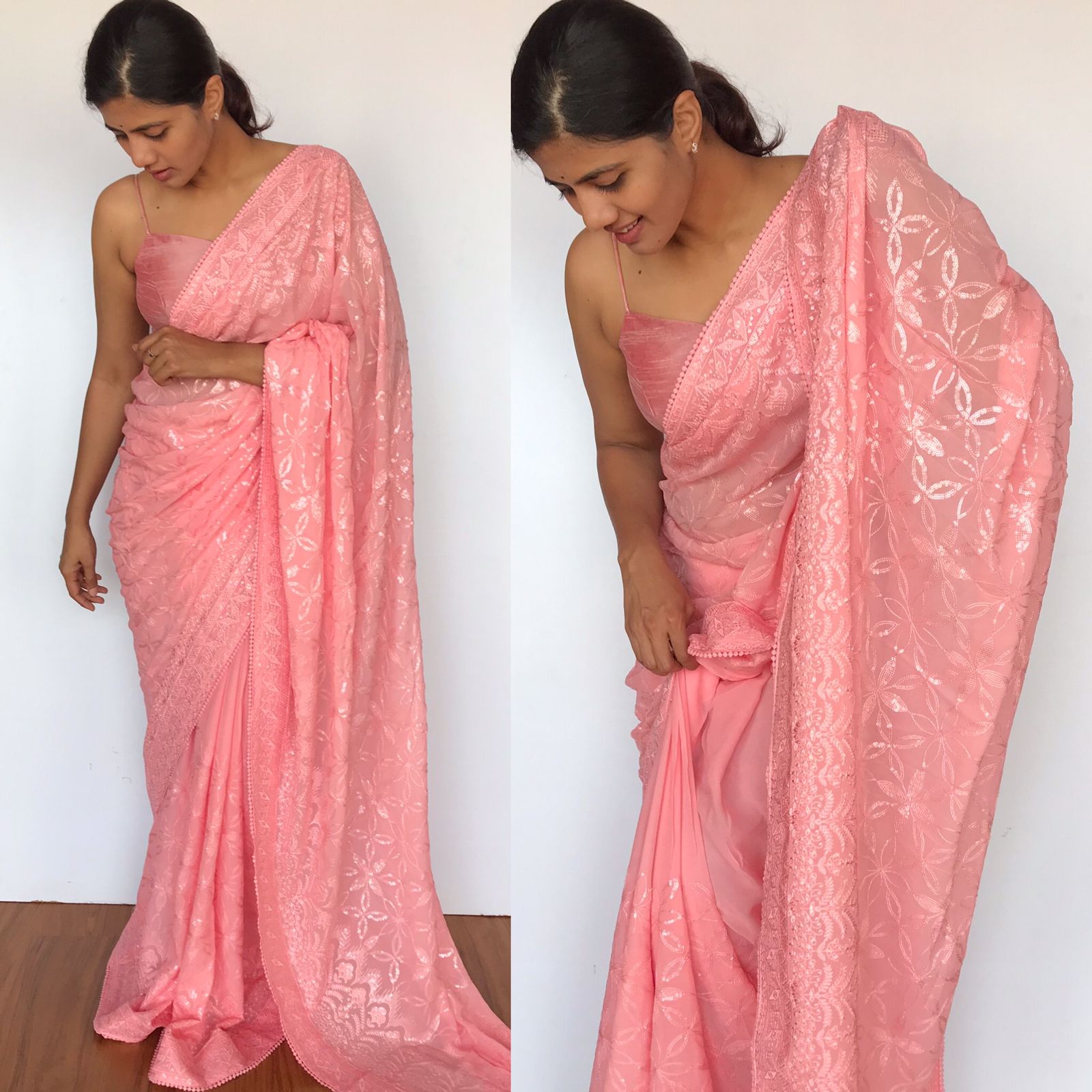 Buy Peach Georgette Embroidered Saaira Ruffle Pre-draped Saree With Blouse  For Women by Rabani & Rakha Online at Aza Fashions.