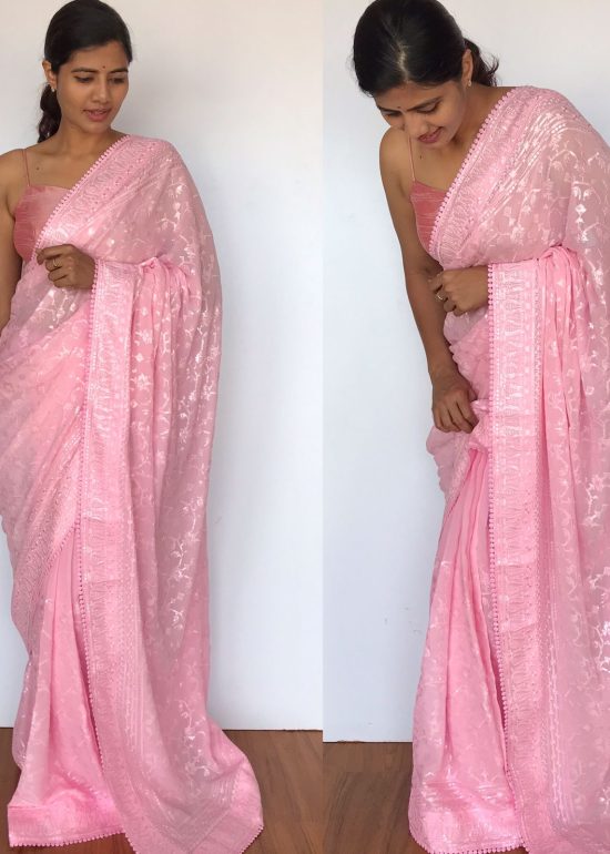 Pink Georgette Sequin Saree with Embroidery Work