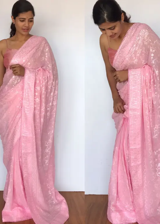 Pink Georgette Sequin Saree with Embroidery Work
