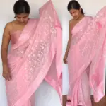 Pink Georgette Sequin Saree with Embroidery Work - Image 3