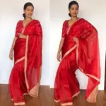 Crimson Red Hand Embroidered Organza Silk Saree - Image 3