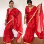 Crimson Red Hand Embroidered Organza Silk Saree - Image 4