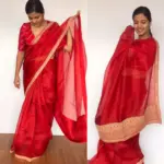 Crimson Red Hand Embroidered Organza Silk Saree - Image 5