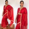 Crimson Red Hand Embroidered Organza Silk Saree