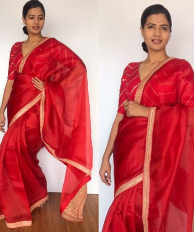 Crimson Red Hand Embroidered Organza Silk Saree