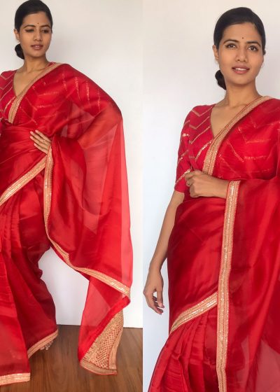 Crimson Red Hand Embroidered Organza Silk Saree