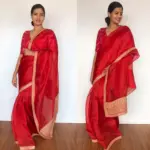 Crimson Red Hand Embroidered Organza Silk Saree - Image 2