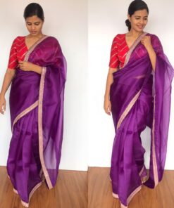 Eggplant Purple Hand Embroidered Organza Silk Saree