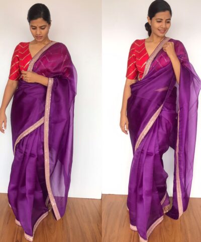 Eggplant Purple Hand Embroidered Organza Silk Saree