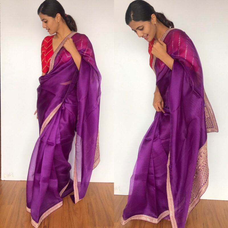 Eggplant Purple organza saree with Embroidery Mirra Clothing