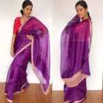Eggplant Purple Hand Embroidered Organza Silk Saree - Image 2