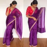 Eggplant Purple Hand Embroidered Organza Silk Saree - Image 3