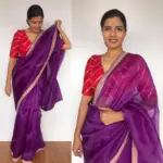 Eggplant Purple Hand Embroidered Organza Silk Saree - Image 4