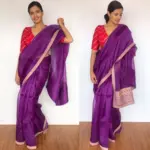 Eggplant Purple Hand Embroidered Organza Silk Saree - Image 6