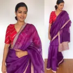 Eggplant Purple Hand Embroidered Organza Silk Saree - Image 5