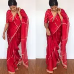 Dark Red Hand Embroidered Organza Silk Saree - Image 2