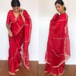 Dark Red Hand Embroidered Organza Silk Saree - Image 3