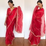 Dark Red Hand Embroidered Organza Silk Saree - Image 4