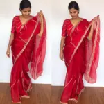 Dark Red Hand Embroidered Organza Silk Saree - Image 8