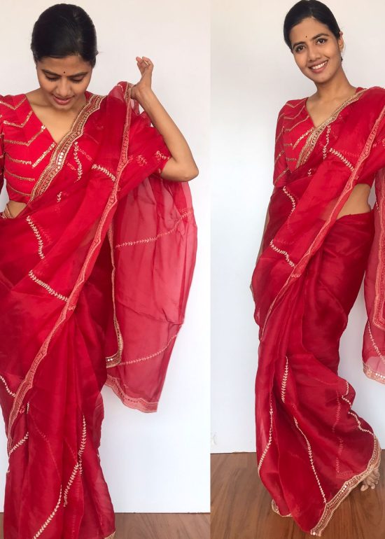 Dark Red Hand Embroidered Organza Silk Saree