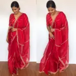 Dark Red Hand Embroidered Organza Silk Saree - Image 5
