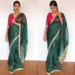 Amber Green Hand Embroidered Organza Silk Saree - Image 2