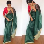 Amber Green Hand Embroidered Organza Silk Saree - Image 3