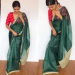 Amber Green Hand Embroidered Organza Silk Saree - Image 4