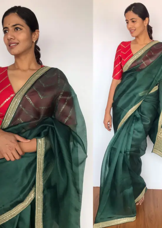 Amber Green organza saree with embroidery