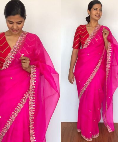 Rani Pink Organza Silk Saree highlighted with beautiful Gota, Mirror work, Cut Dana embroidery