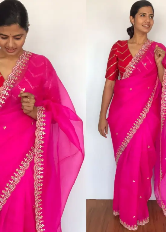 Rani Pink Organza Silk Saree highlighted with beautiful Gota, Mirror work, Cut Dana embroidery