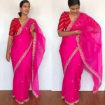 Rani Pink Organza Silk Saree highlighted with beautiful Gota, Mirror work, Cut Dana embroidery - Image 2