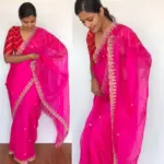Rani Pink Organza Silk Saree highlighted with beautiful Gota, Mirror work, Cut Dana embroidery - Image 4