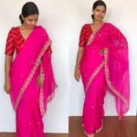 Rani Pink Organza Silk Saree highlighted with beautiful Gota, Mirror work, Cut Dana embroidery - Image 3