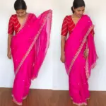Rani Pink Organza Silk Saree highlighted with beautiful Gota, Mirror work, Cut Dana embroidery - Image 5