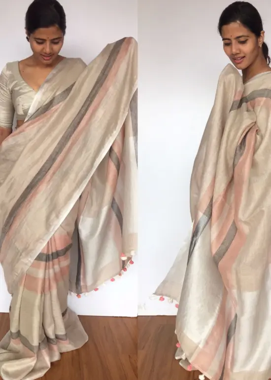 Beige Multicolor Linen Saree